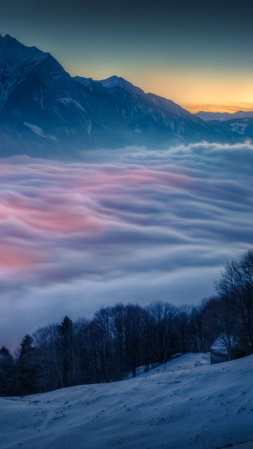 Above clouds, Scenic, Mountains, Peak, Sunrise, Moon, Winter, Cold
