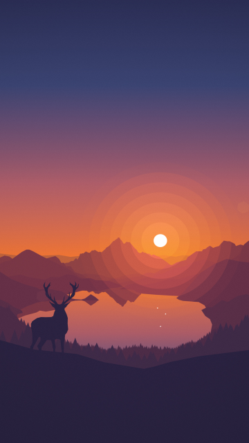 Lakeside, Sunset, Deer, Minimal art, Landscape, Scenic, Panorama
