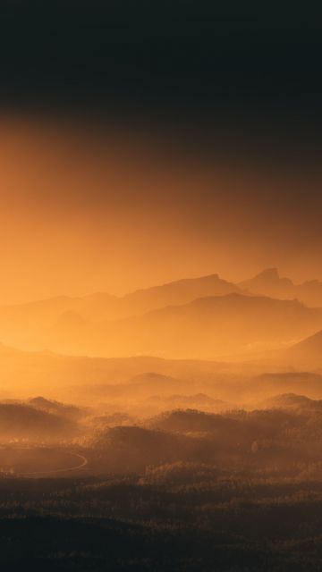 Montanas Negras, Spain, Volcano, Black mountains, Mountain range, Sunset, Aerial view, Landscape, Fog, 5K