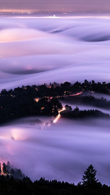 Mount Tamalpais, Mountain Peak, California, USA, Aerial view, Fog, Long exposure, Landscape, Light trails, 5K