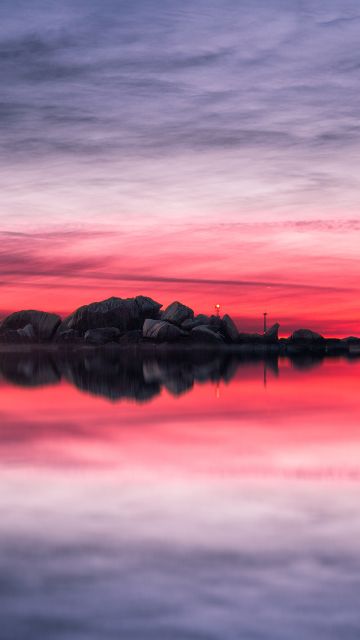 Sunset, Rocks, Lake, Red Sky, Landscape, Scenery, Body of Water, Reflection, Evening, Cloudy Sky, Horizon, 5K, 8K