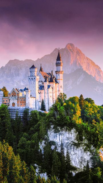 Neuschwanstein Castle, Germany, Fairy Castle, Ancient architecture, Mountain range, Sunset, Forest, Green Trees, Landscape, Scenic, Cloudy Sky, 5K, 8K
