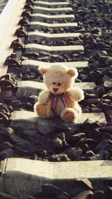 Teddy bear, Brown aesthetic, Railway track, Pattern, Stones, Lonely, Cute toy