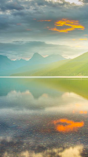 Lake McDonald, Glacier National Park, Montana, Sunrise, Golden hour, Mountain range, Body of Water, Reflection, Cloudy Sky, Landscape, 5K