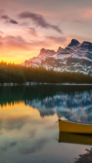 Two Jack Lake, Banff National Park, Alberta, Canada, Sunrise, Boat, Reflection, Glacier mountains, Snow covered, Alpine trees, Landscape, 5K