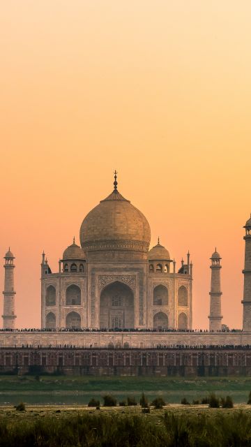 Taj Mahal, India, Sunset, Orange sky, Wonders of the World, Landscape, Landmark, Famous Place, Tourist attraction, Ancient architecture, 5K