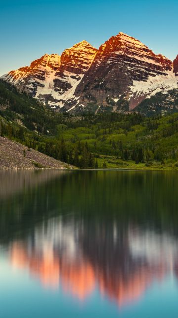 Maroon Bells, Elk Mountains, Colorado, United States, Maroon Lake, Alpenglow, Glacier mountains, Landscape, Scenery, Reflection, Blue Sky, Clear sky, 5K