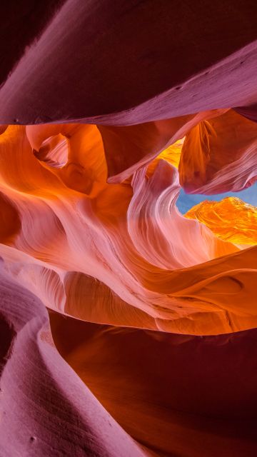 Lower Antelope Canyon, 5K, Arizona, Tourist attraction, Famous Place, Rock formations, Curves, Looking up at Sky