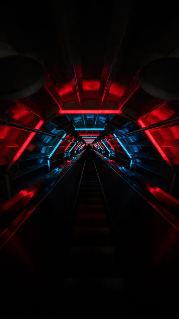 Tunnel, Vanishing point, Red lighting, Blue light, Black background, Pattern, Long exposure, Neon Lights, 5K