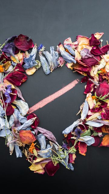 Love heart, Petals, Dark background, Colorful flowers, Arrow, Chalkboard, 5K
