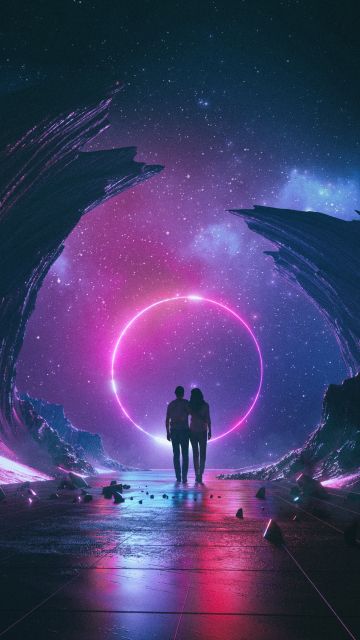 Neon, Couple, Dream, Starry sky, Rocks, Silhouette, Colorful, Aesthetic