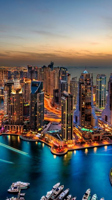 Dubai Marina, Cityscape, Skyline, Skyscrapers, Buildings, City lights, Sunset, Night, Dubai, 5K