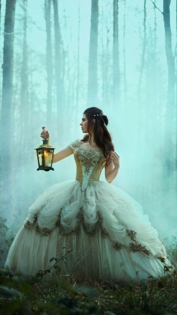 Girl, Lamp, Forest, Fog, Woman, Dream, 5K