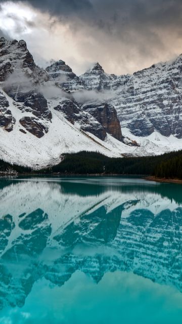 Banff National Park, Moraine Lake, Scenery, Mountains, Reflection, Snow covered, Forest, Alberta, Canada