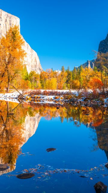 Yosemite National Park, Scenery, Landscape, Lake, Reflections, Autumn, Sunny day, Cliff, Rocks, California, 5K