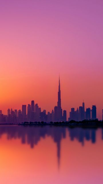 Dubai City, Skyline, Silhouette, Cityscape, Sunset, Burj Khalifa, Purple sky, Body of Water, Reflection, Skyscrapers, Dusk, United Arab Emirates, 5K