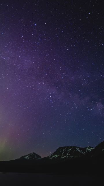 Aurora Borealis, Milky Way, Purple sky, Night, Starry sky, Glacier National Park, 5K