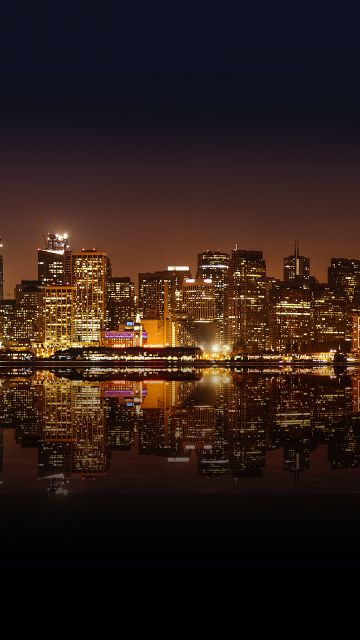 San Francisco City, Skyline, United States, Night time, Cityscape, City lights, Body of Water, Reflection, Skyscrapers
