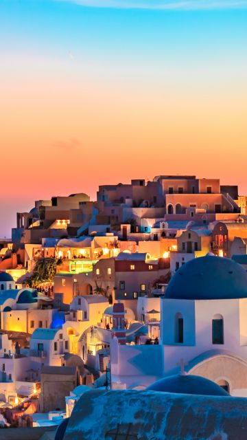 Oia, Santorini, Greece, Sunset, Panoramic, Colorful Sky, Blue Dome Buildings, Vibrant, 5K