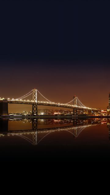 San Francisco-Oakland Bay Bridge, City Skyline, Cityscape, Night time, City lights, Body of Water, Reflection, Skyscrapers, 5K, 8K