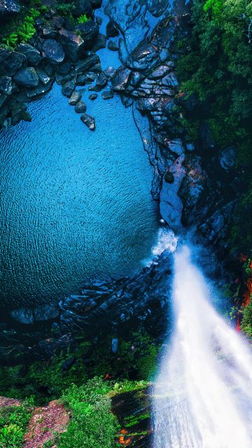 Waterfall, Aerial view, Forest, 5K