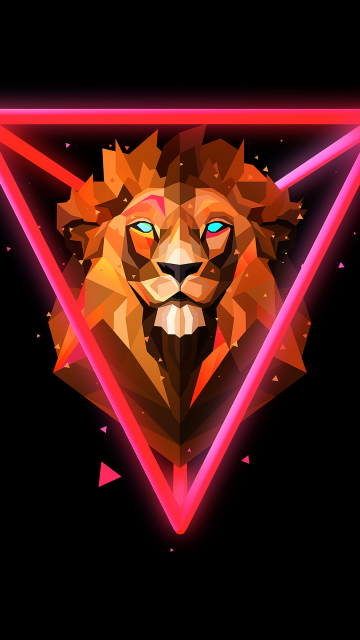 Lion, Neon, Wild, Low poly, Artwork, AMOLED, Black background