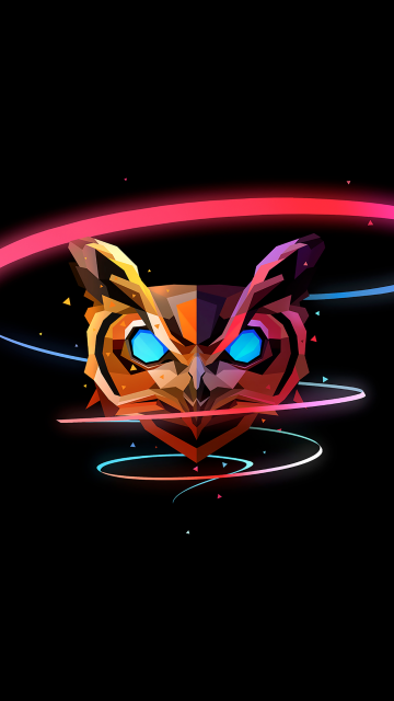 Colorful Owl, Low poly, Artwork, AMOLED, Black background, Neon