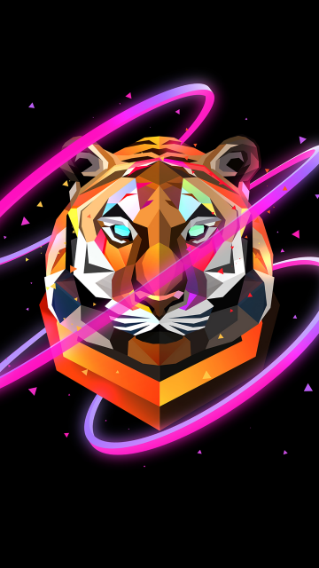 Tiger, Low poly, Artwork, AMOLED, Black background, Neon, Simple