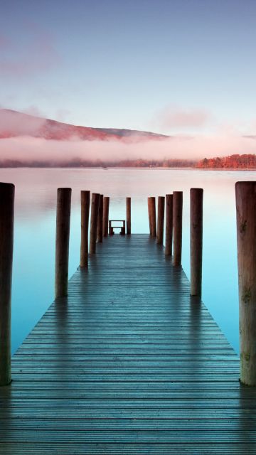 Wooden pier, Scenic, Sunrise, Morning, Seascape, River, Lake, Mist, 5K