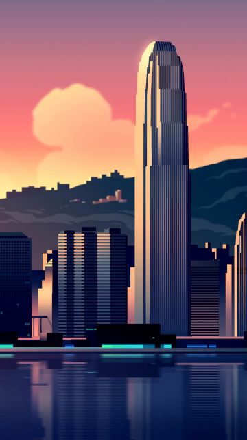Hong Kong, Illustration, Cityscape, Sunset, Buildings, Skyscrapers