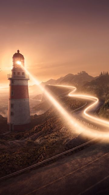 Lighthouse, Road, Coastline, Sunset, Light, Surreal