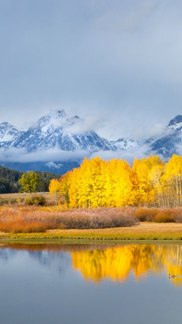 Grand Teton National Park, Autumn, Winter, Mountains, Lake, Cloudy, Fall, Reflection