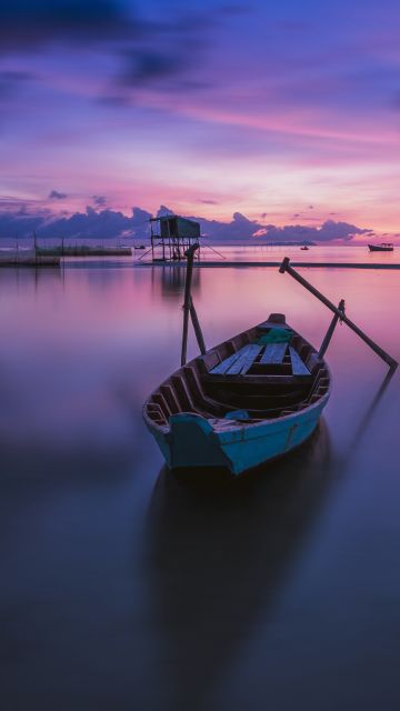 Phu Quoc Island, Sunrise, Vietnam, Purple sky, Scenery, Wooden boat, Dawn, Horizon, Landscape, Wide Angle, Body of Water, Reflection