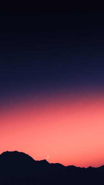 Silhouette Mountain, Sunset, Orange sky, Mountain range, Moon, Dusk, 5K