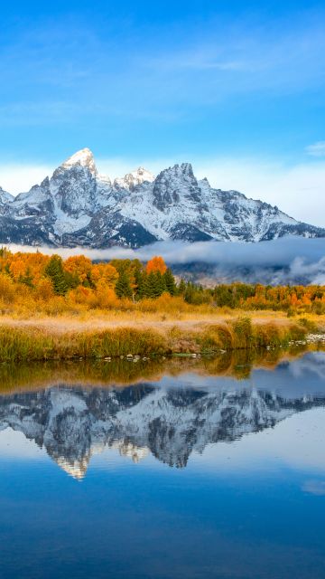 Grand Teton National Park, Aesthetic, Mountains, Teton mountain range, Autumn, Lake, Reflection, Blue Sky, Landscape, Scenery