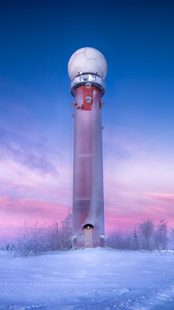 Radar Tower, Winter, Snow covered, Purple sky, Sunrise, Frost, Dawn, 5K