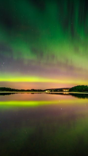 Aurora Borealis, Northern Lights, Finland, Green Sky, Natural Phenomena, Lake, Reflection, Landscape, Dusk, 5K, 8K