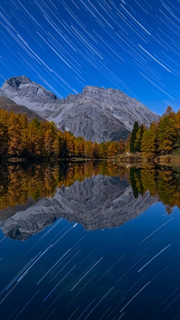 Lai da Palpuogna, Switzerland, Mirror Lake, Star Trails, Autumn trees, Albula Pass, Landscape, Long exposure, Night sky, Reflection, Mountain View