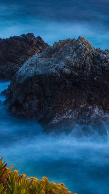 Rocky coast, Water waves, Big Sur, Beach, Long exposure, 5K