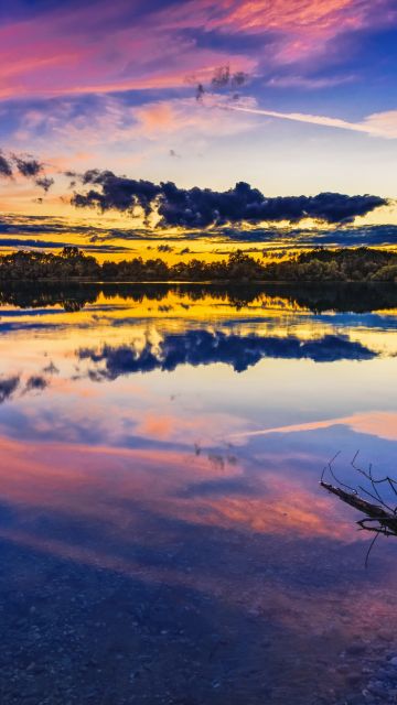 Mirror Lake, Sunset, Reflection, Dusk, Clouds, Scenery, Pleasant, Trees, Body of Water, Evening sky, 5K