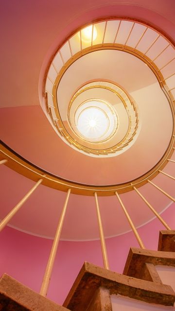 Spiral stairs, Pink, Staircase, Ambient lighting, 5K