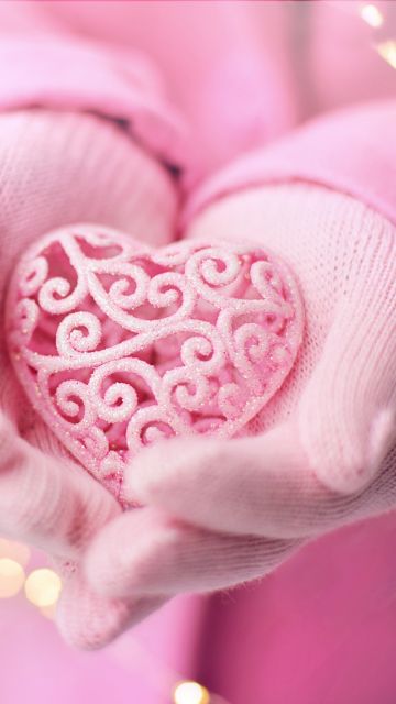 Pink Heart, Hand Gloves, Pink background, Valentine's Day, Emotions, 5K, February
