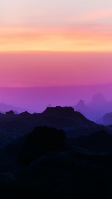 Silhouette Mountain, Mountain range, Sunrise, Dawn, Purple sky, Landscape, Scenery, 5K
