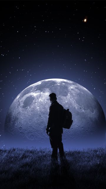 Moon, Surreal, Night sky, Stars, Moon light, Tree, Man