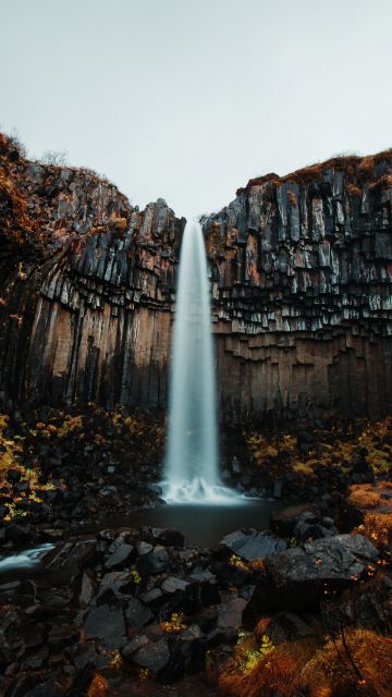 Svartifoss waterfall, Skaftafell, Vatnajökull National Park, Iceland, Water Stream, Rocks, Landscape, Tourist attraction, Scenery, 5K