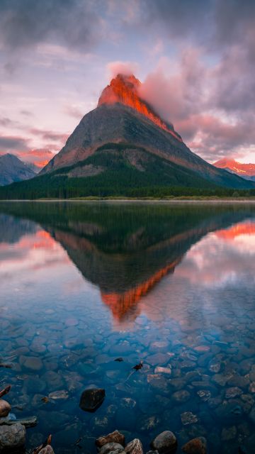 Swiftcurrent Lake, Sunrise, Reflection, Cloudy, Early Morning, American National Park, Montana, United States, USA, 5K