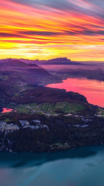 Fronalpstock, Afterglow, Mountain range, Switzerland, Aerial view, Landscape, Dusk, Scenery, Golden hour, Orange sky, Long exposure