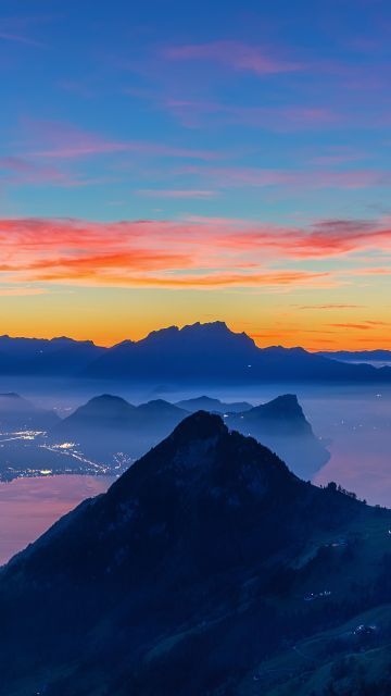 Rigi Hochflue, Afterglow, Golden hour, Switzerland, Fog, Mountain range, Dusk, Landscape, Scenery, 5K