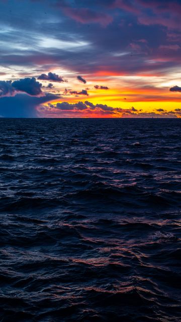 Sunset, Ocean view, Cloudy Sky, Dusk, Horizon, 5K, Seascape