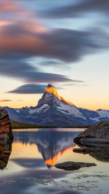 Matterhorn, Lake, Switzerland, Stellisee, Sunrise, Alpenglow, Reflection, Landscape, Scenery, Rocks, Lenticular clouds, Golden hour, 5K